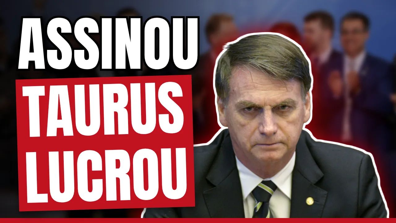 Thumbnail do vídeo: Jair Bolsonaro de cara fechada e "Assinou, Taurus lucrou" em letras grandes
