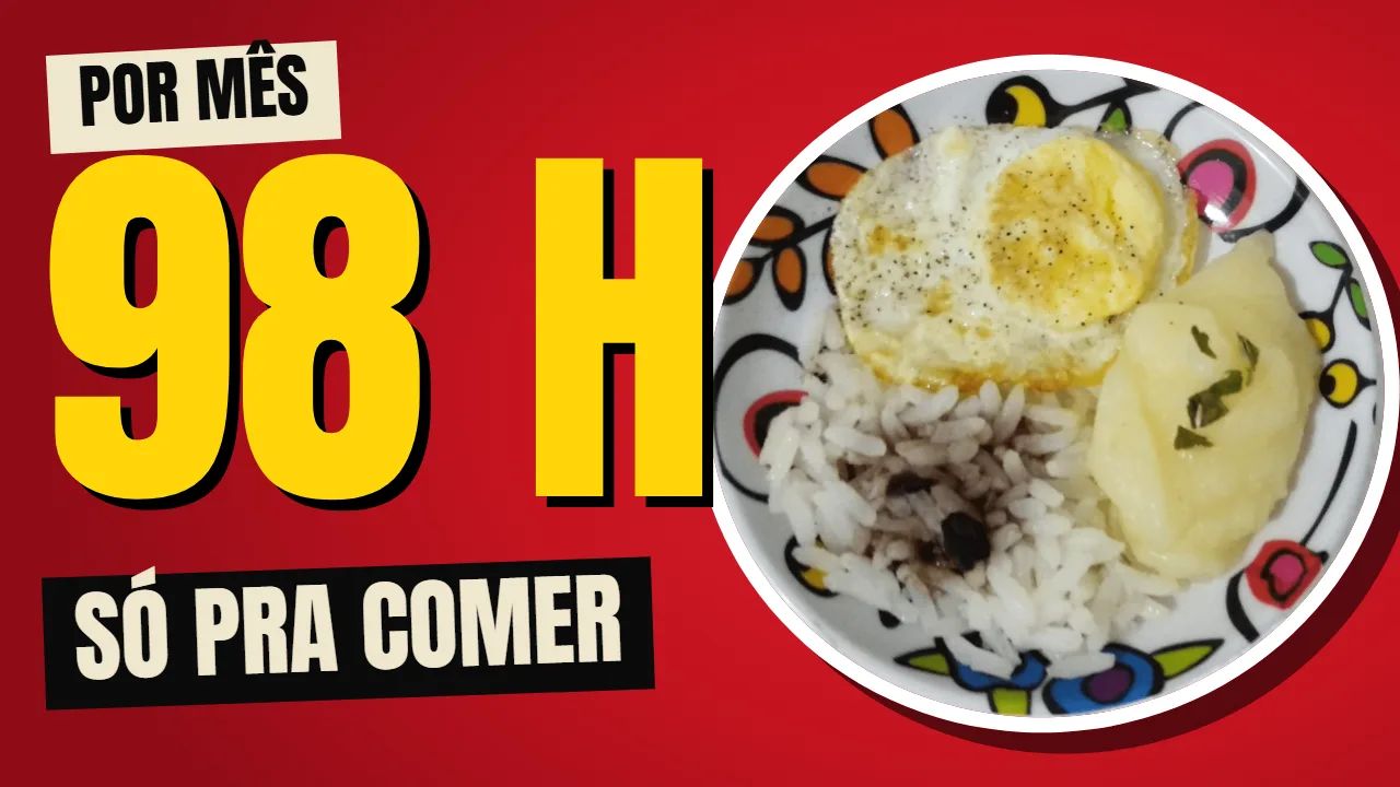 Thumbnail do vídeo: prato de comida e "98 H por mês, só pra comer" em letras grandes