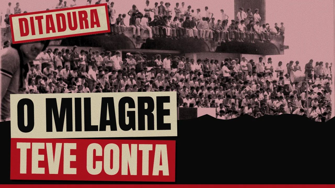 Thumbnail do vídeo: "O MILAGRE TEVE CONTA" em letras grandes sobre imagem de arquivo