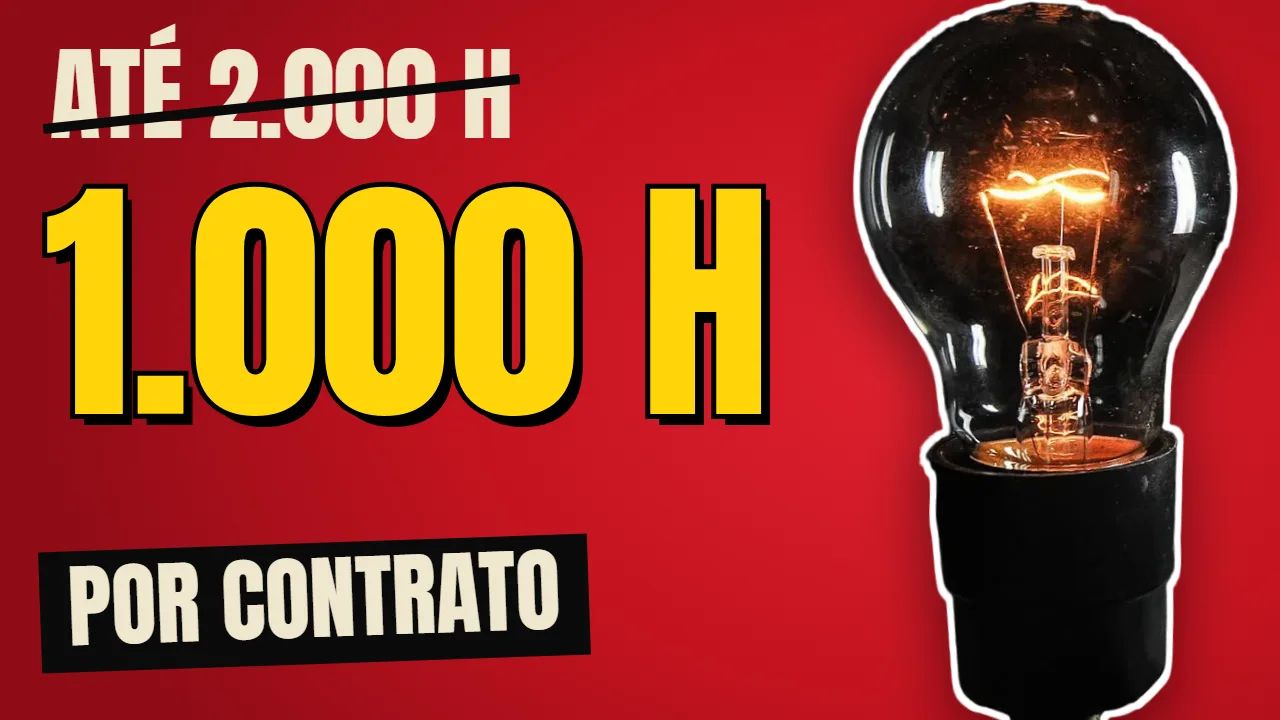 Thumbnail do vídeo: lâmpada acesa e "até 2.000 h, 1.000 h por contrato" em letras grandes