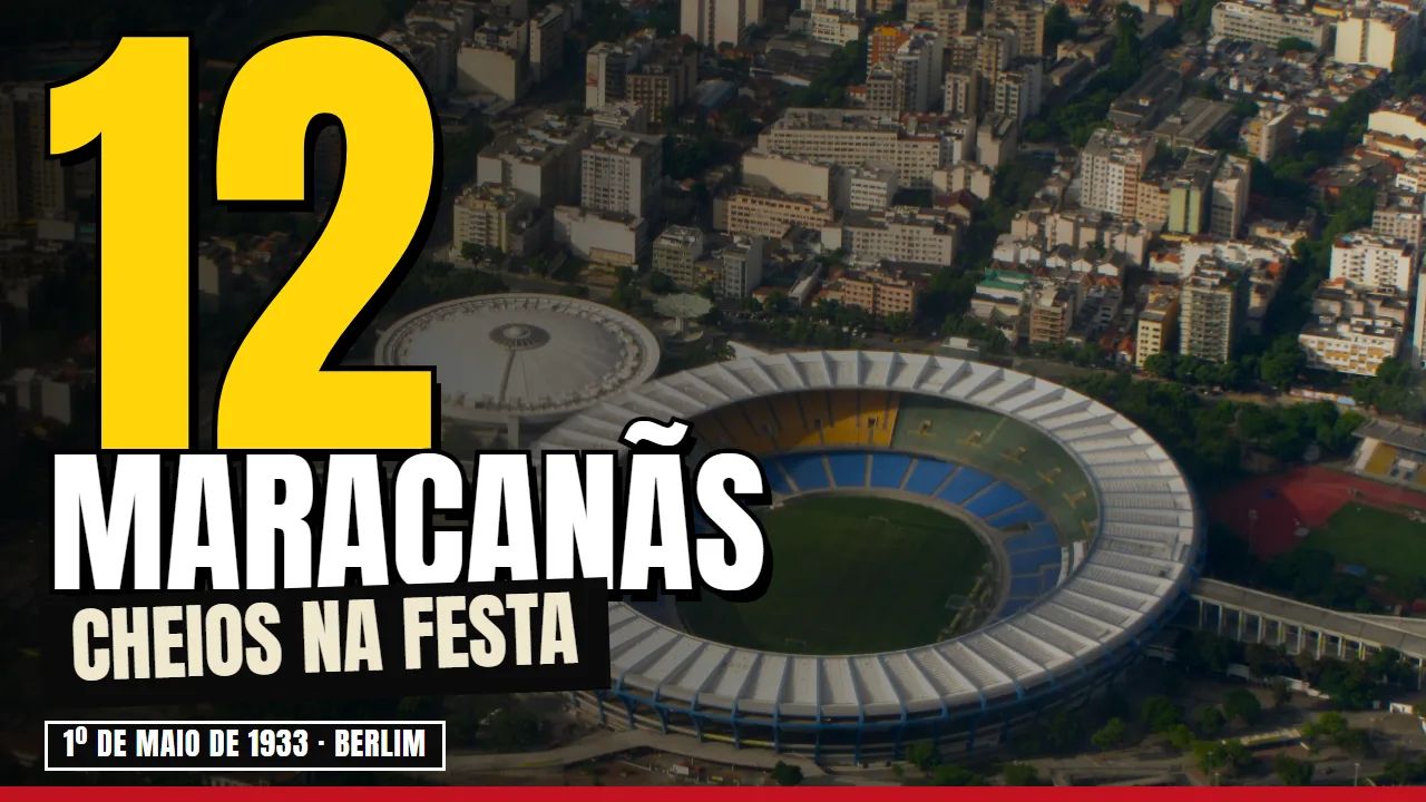 Thumbnail do vídeo: Maracanã visto do alto e "12 Maracanãs cheios na festa" em letras grandes