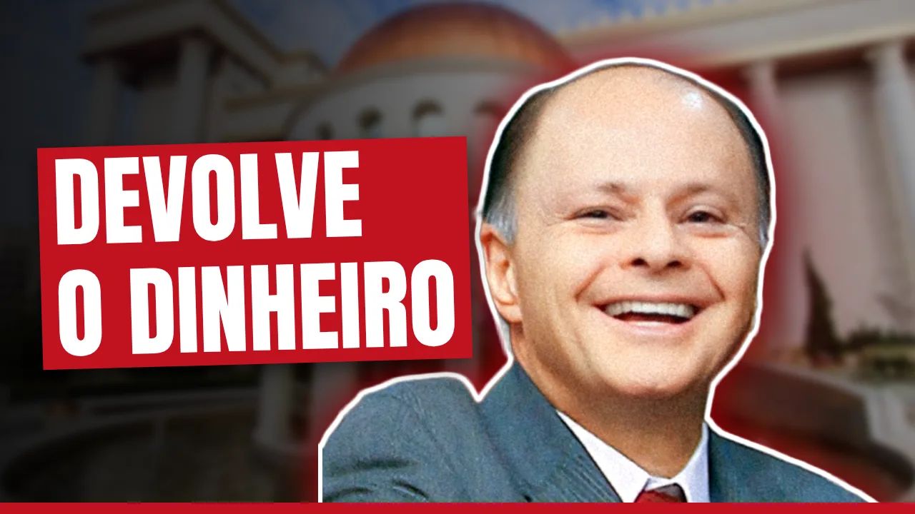 Thumbnail do vídeo: Edir Macedo sorrindo diante do Templo de Salomão e "Devolve o dinheiro" em letras grandes