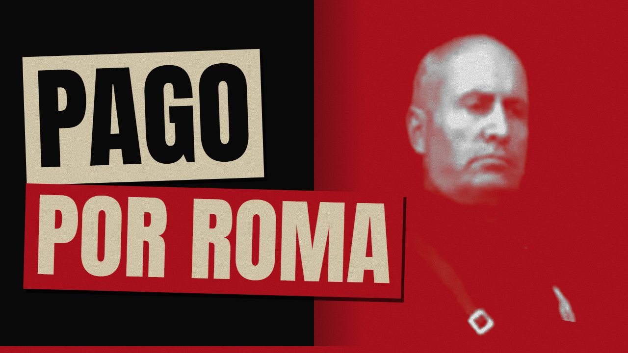 Thumbnail do episódio: a frase PAGO POR ROMA em letras bege e pretas sobre fundo preto, ao lado de um retrato desfocado de Benito Mussolini em tons de vermelho.