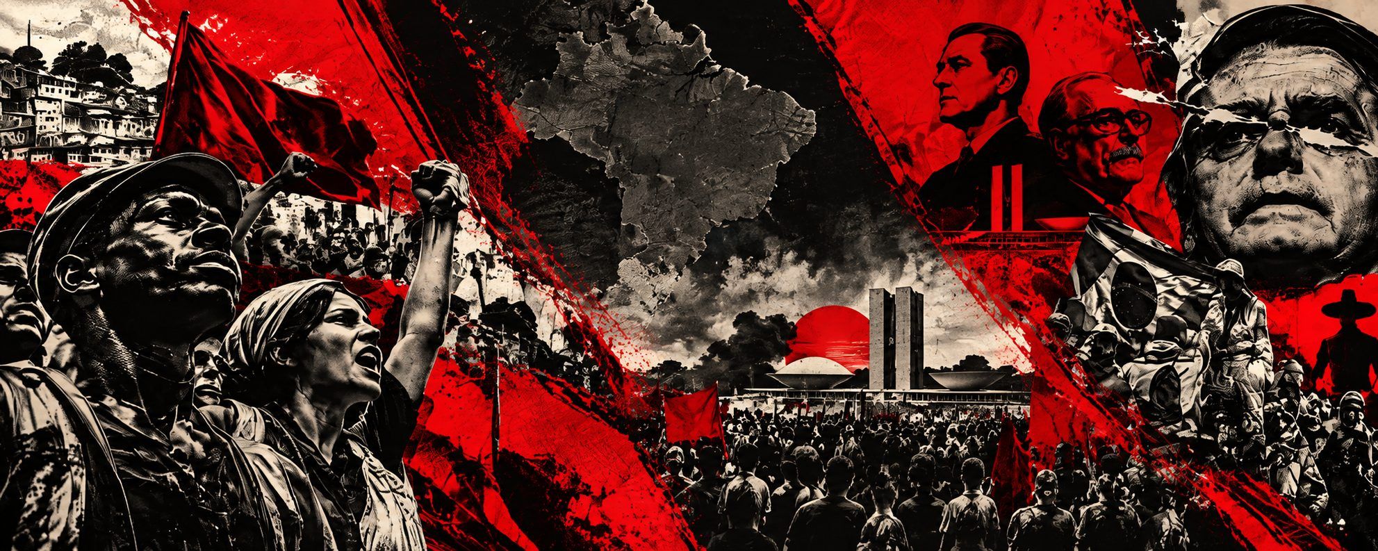 Colagem em preto e vermelho: operário de capacete e uma mulher de lenço, de punho erguido, diante de uma bandeira vermelha. Arte do Fio Vermelho.